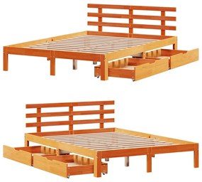 viaszbarna tömör fenyőfa ágykeret fiókokkal 120 x 200 cm
