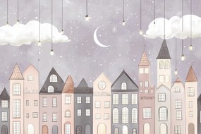 Fotótapéta Flizelina Gyerekek Város Házak Éjszaka Hold Csillagok 368x254 ragasztó