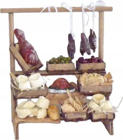 Felvágottokkal és sajtokkal díszített stand, karácsonyi betlehem díszítéséhez. 14cm magas