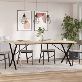 Tömör fenyőfa és acél X-vázú étkezőasztal 200x100x75,5 cm