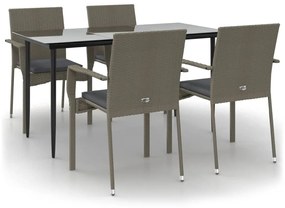 vidaXL 5 részes fekete és szürke polyrattan kerti étkezőszett párnával