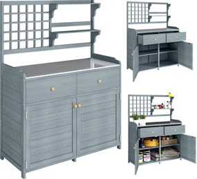 Outsunny világosszürke kültéri ültetőasztal szekrénnyel és horganyzott munkalappal, 2 fiók — 104 x 44 x 140 cm | Aosom