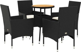 vidaXL 5részes fekete polyrattan/akácfa kerti étkezőgarnitúra párnákkal