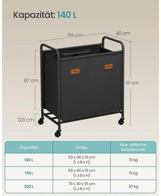 gurulós szennyestartó, 2 rekeszes ruhagyűjtő 140 l, fekete
