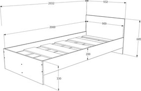 PIETRO II NEW Egyszemélyes ágykeret 90x200 sonoma