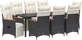 vidaXL Kert étkező szett párnával 9 pcs Fekete polirattan