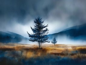 Vászonkép Canvas Magányos Fa Köd Hegyi Tájkép Természet 80 x 60