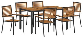 7 Darabos Kerti Étkezőszett Fekete Poly Rattan Akácia, Összecsukható Kerti Székek Párnákkal 2 db Fekete Poly Rattan