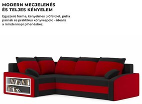 Grande sarokkanapé polcokkal , polc a bal karfaban, baloldali, szövet anyag, bonell töltet, fekete - piros