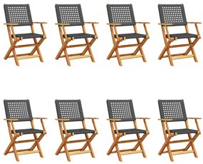 8 db fekete polyrattan és tömör fa összecsukható kerti szék
