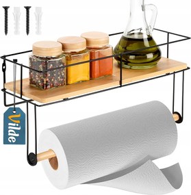 Fali papírtörlő tartó, fém, bambusz, konyhai polccal