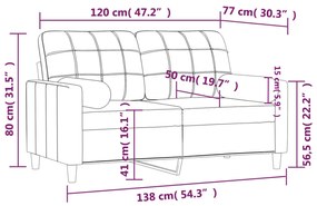 2 személyes tópszínű szövet kanapé díszpárnákkal 120 cm