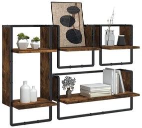 4 részes füstölt tölgy színű szerelt fa fali polc szett rúddal