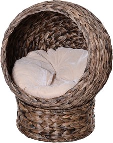PawHut Rattan Macska Kosár Macska Domború Macska Ház Macska Ágy Párnával Vízi Nád Kávé 50 x 42 x 60 cm | Aosom
