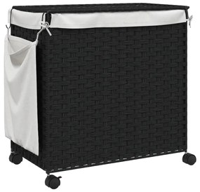 fekete rattan szennyeskosár kerekekkel 60x35x60,5 cm