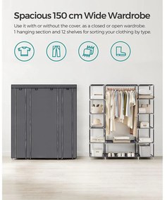 Szövet ruhásszekrény, ruhatároló gardróbszekrény, szürke