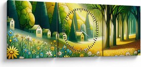 Kép - Falu sárga-zöld színekben (órával) (90x30 cm)