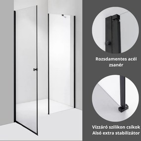Stuxi Bari Fix Black 150 cm (70+80) széles nyíló zuhanyajtó fix fallal, 6 mm vízlepergető üveggel, matt fekete profillal, 195 cm magas