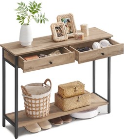 Fémvázas konzolasztal 2 fiókkal, ipari dizájn, tevebarna-fekete színben