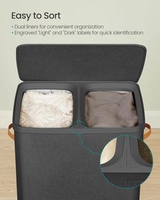 szennyeskosár 2 rekesszel, 170 l, 56 x 40 x 75 cm, fekete