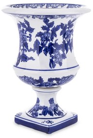 Díszes festett kék-fehér talpas kerámia váza 24x18x18cm