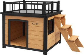 PawHut Kutya Ház Erkélyes, Emelt Pet Ház Lépcsővel, Ablakkal, Kiskutyák és Közepes Méretű Kutyák Számára, Fenyőfából, Sárga, 121 x 77 x 78 cm | Aosom