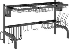 HOMCOM Tányérszárító Rács, 2-Tier Tányértartó Állvány Akasztókkal, Kiegészítőkkel, 100 cm Tányérlefolyó Állvány a Konyhai Mosogatóhoz, Acél, Fekete |