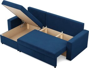 Zeus sarokkanapé, 2 ágyneműtartóval, egyenes kartámasz, bársony, univerzális oldal, hab töltet, kék