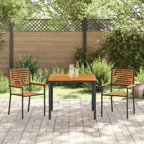 3 darabos kerti étkezőszett fekete műrattan akáccal, Egymásra rakható kerti székek párnákkal 2 db fekete műrattan, Kerti asztal 90x90x75 cm tömör akácfa és fém