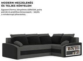 Grande sarokkanapé polcokkal , polc a jobb karfaban, jobboldali, szövet anyag, bonell töltet, szürke - fekete