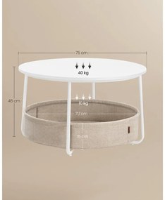 VASAGLE kerek dohányzóasztal tárolóval, matt fehér és kamelbarna színben