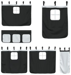 fehér/fekete tömör fenyőfa emeletes ágy függönyökkel 90x190 cm