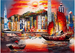 Kép - Victoria Harbour, Hong Kong, olajfestmény (üvegen) (70x50 cm)