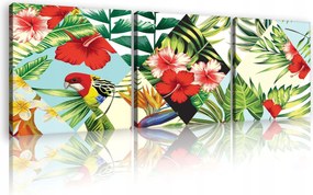Vászonkép 75x25 Trópusok papagáj virágok levelek egzotikus nyár természet modern