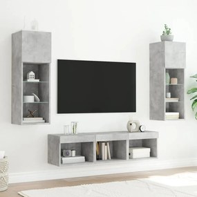 5 darab betonszürke szerelt fa fali TV-bútor LED-del