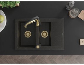 Mexen Gaspar, 1,5-kamrás gránit mosogató 737x475x177 mm és Aster mosogató csaptelep, fekete-arany metál, 6507-75-73450-57-G