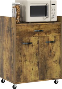 HOMCOM Mikrohullámú Konyhai Kocsi Fiókkal és Szekrénnyel, Konyhai Sziget Fával, 4 Kerekével és Állítható Polccal, 60x40x77 cm, Rusztikus barna | Aosom
