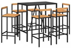 7 részes fekete polyrattan és tömör akácfa kerti bárszett