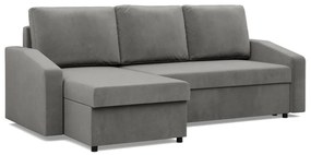 Zeus sarokkanapé, 2 ágyneműtartóval, döntött kartámasz, bársony, univerzális oldal, hab töltet, világosszürke