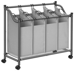 Szennyeskosár görgőkkel 4 x 35L, 4 kivehető táskával, szürke