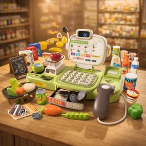 Intelligens pénztárgép gyerekeknek, 77 darabos, szkennerrel, hangvezérléssel, szállítószalaggal, mérleggel és élelmiszerekkel