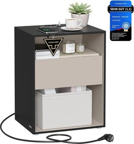 VASAGLE éjjeliszekrény, töltőfunkciós lerakóasztal, tintafekete–kapucsínó bézs