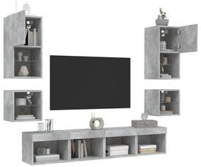 8 darab betonszürke szerelt fa fali TV-bútor LED-del