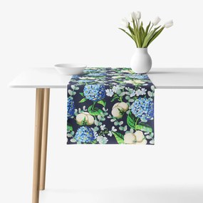 Goldea pamut asztali futó - kék színű hortenzia virágok 20x160 cm
