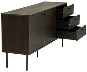 Kyoto komód 3 fiókkal, 2 ajtóval, tölgyfa furnér, füstölt, fekete fém lábakkal, 150x40x74 cm