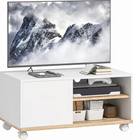 HOMCOM Rolling TV Stand with Cabinet, Cable Management & Adjustable Shelf, Fits TVs up to 32", White & Oak, 31.5 x 17.7 x 16.1 in | Aosom
