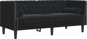 vidaXL 2 személyes fekete bársony Chesterfield kanapé hengerpárnákkal