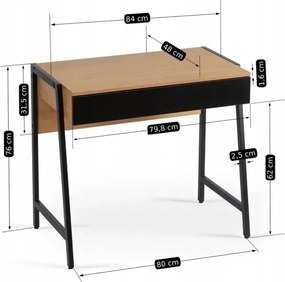 Fiókos íróasztal / számítógépasztal 83×48 cm, masszív fém vázzal, fekete–aranytölgy – Intenso Home