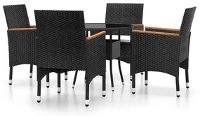 5 részes fekete polyrattan és edzett üveg kerti bisztrószett