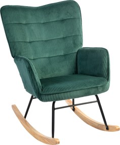 HOMCOM kordbársony hintaszék — párnázott karosszék fa hintalábakkal, gombos háttámla, nappaliba és hálószobába, sötétzöld, 120 kg teherbírás | Aosom